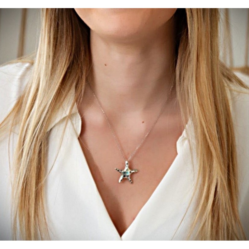 Bijou porté – collier Sirena étoile de mer en nacre abalone et argent – Kiralou