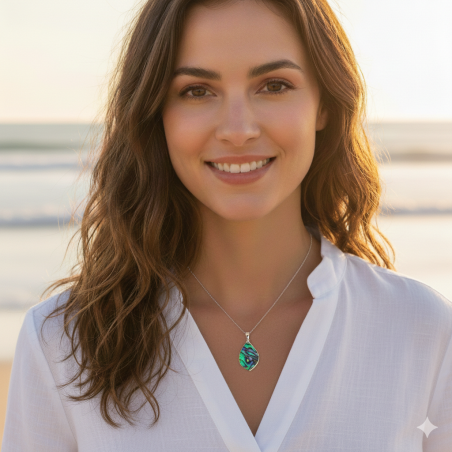 Bijou porté - Pendentif feuille en argent 925 avec nacre abalone – Iris