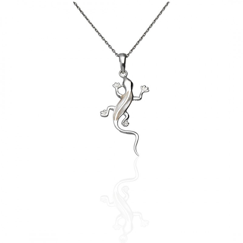 Pendentif salamandre avec un chaine  en argent 925 et nacre naturelle – Léana