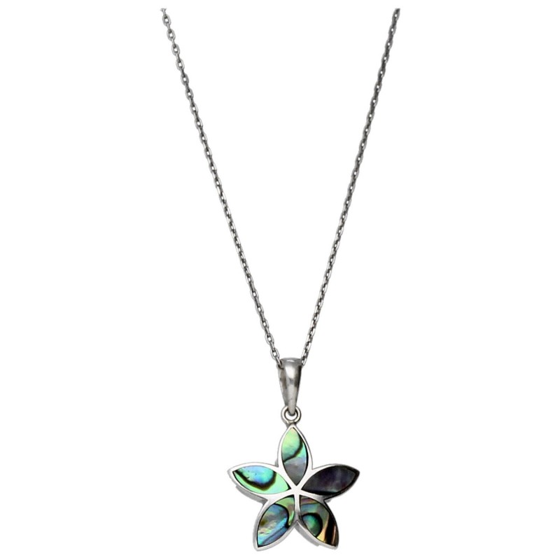 Bijou avec chaine-Pendentif fleur en argent 925 et nacre abalone naturelle – Naya